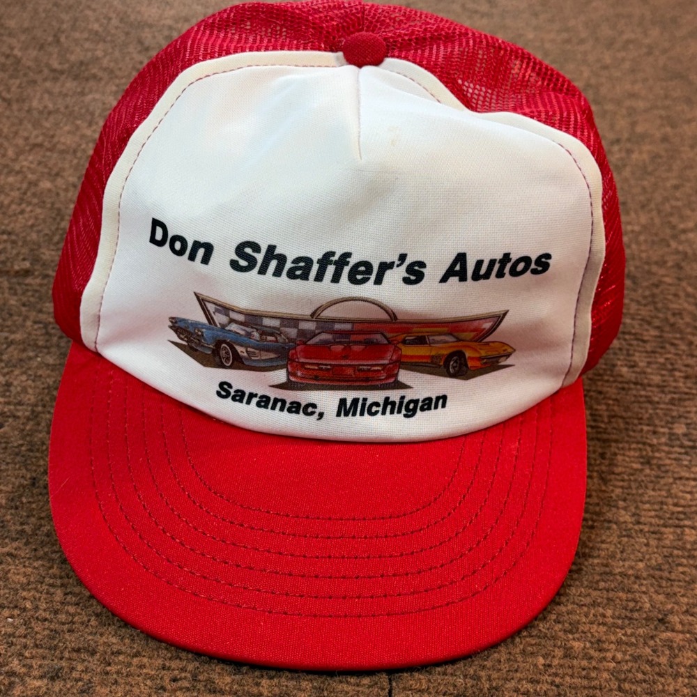 Vintage IDEA Inc Don Shaffer's Autos Trucker Hat Michigan Red White Snapback USA